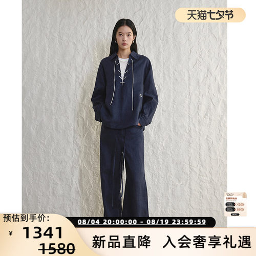 简白春夏女士抽绳亚麻休闲裤