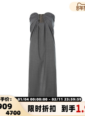 Paris Georgia 春季深灰色褶皱镂空设计女士抹胸连衣裙长裙银泰