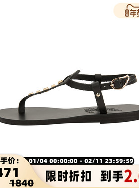 ANCIENT GREEK SANDALS 春夏黑色牛皮革平底夹趾凉鞋银泰百货
