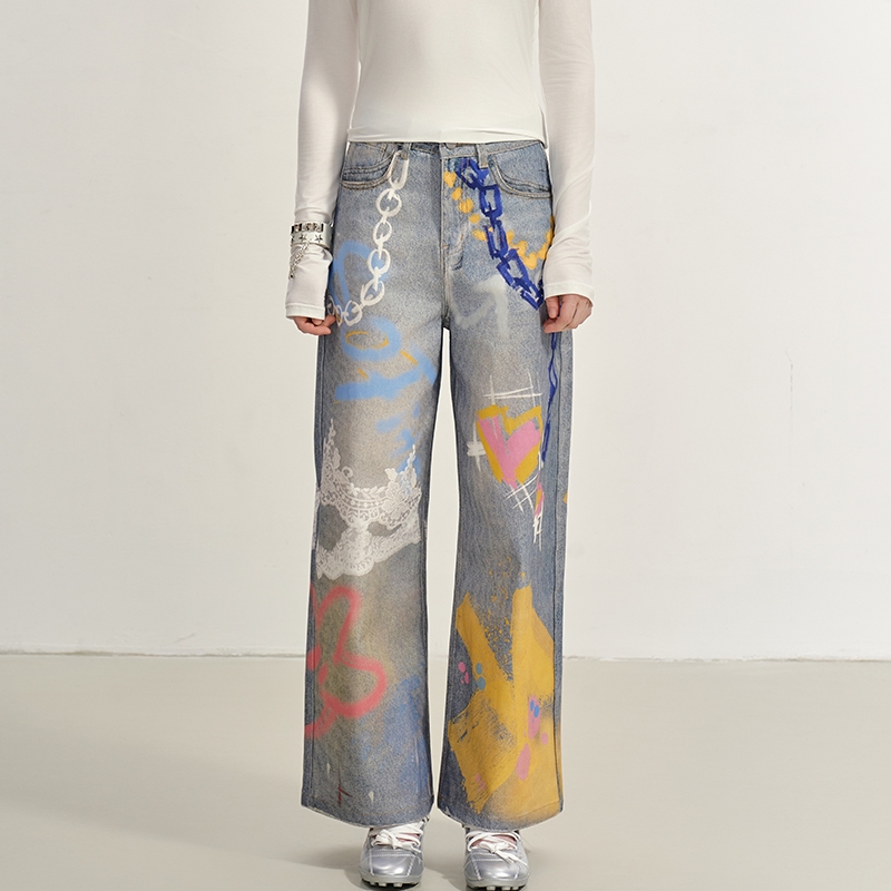 SOFITTE 25新款女士3D印花涂鸦泼墨阔腿牛仔裤银泰百货 301355