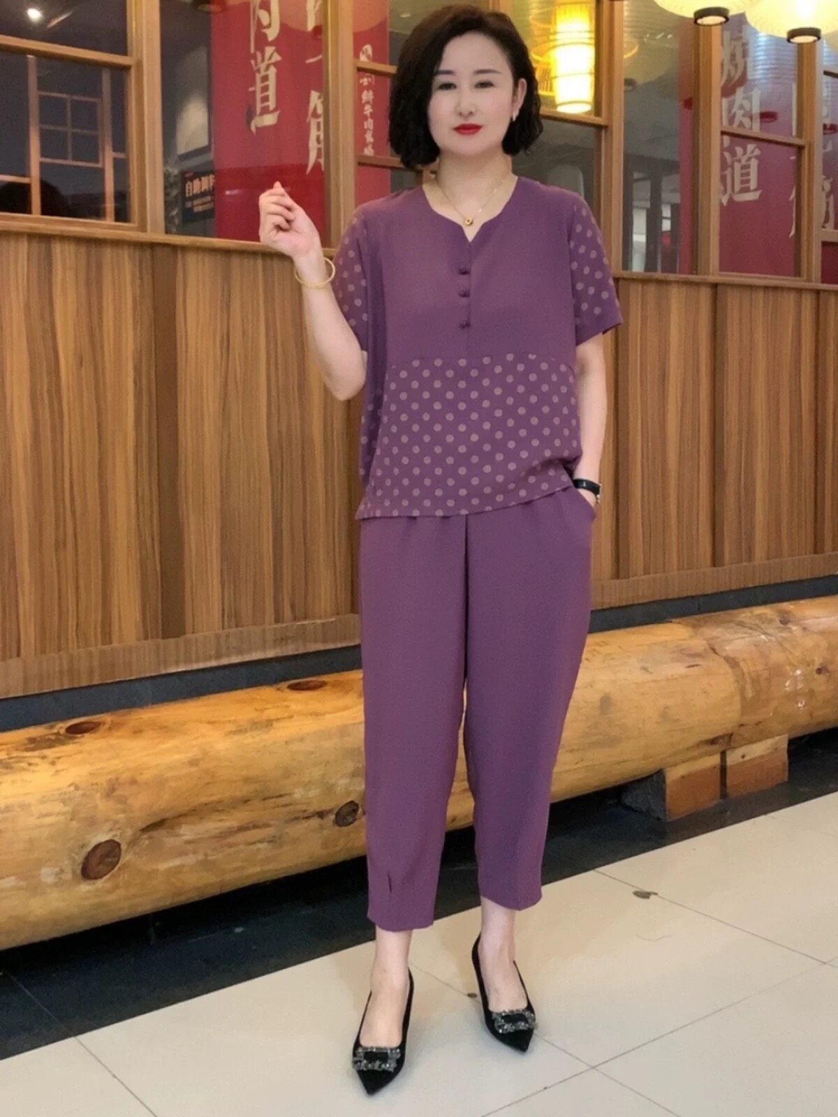 2026夏季胖妈妈短袖套装加肥大码洋气波九分裤雪纺薄款两件套女