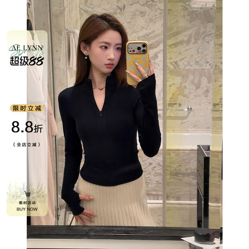 OTeev领半拉链长袖t恤女