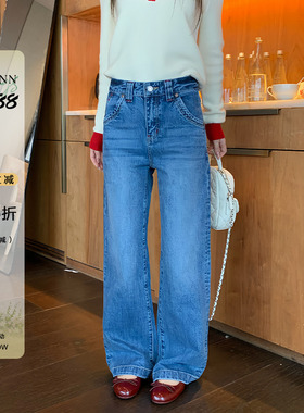 OTee美式复古蓝色牛仔裤女春季高腰遮肉直筒显瘦休闲裤子