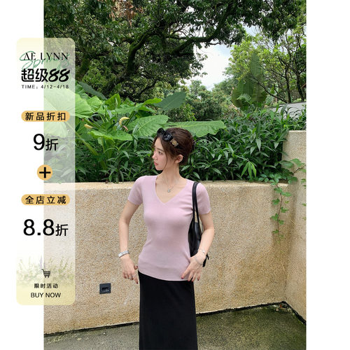 【4/12新品限时8折】OTee纯色v领短袖针织衫