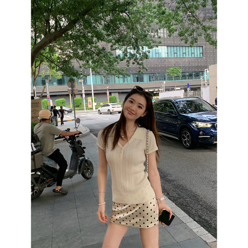 AELYNN复古polo领针织短袖t恤女