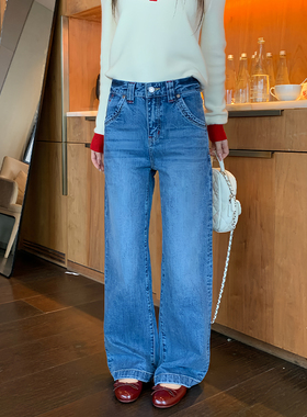 OTee美式复古蓝色牛仔裤女春季高腰遮肉直筒显瘦休闲裤子