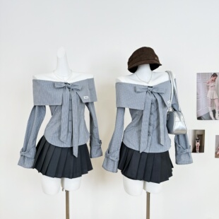 衬衣上衣 蝴蝶结一字领露肩收腰辣妹长袖 M.Y原创 月桂夜韩系衬衫