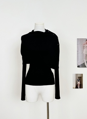 M.Y原创 细罗纹编织立领扣式斗篷亨利领基础修身打底衫真两件套装