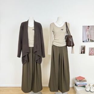毛衣开衫 中长款 女韩系慵懒V领打底衫 阔腿裤 M.Y原创设计 套装 新款