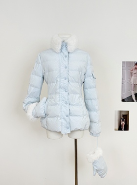 M.Y原创 高级感50%白鸭绒小个子毛领收腰显瘦短款蓝色排骨羽绒服