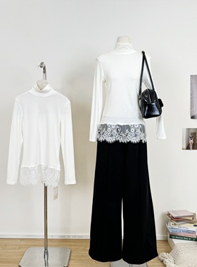 M.Y原创设计 白色蕾丝花边长袖T恤新款修身显瘦设计感内搭打底衫