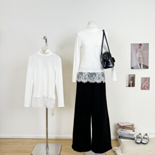 显瘦设计感内搭打底衫 M.Y原创设计 修身 T恤新款 白色蕾丝花边长袖