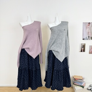 M.Y原创设计 碎花半身长裙小个子 斜肩毛衣上衣女宽松慵懒