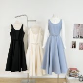 M.Y原创设计 连衣裙礼裙气质女 收腰无袖 蝴蝶结U领赫本长裙 法式