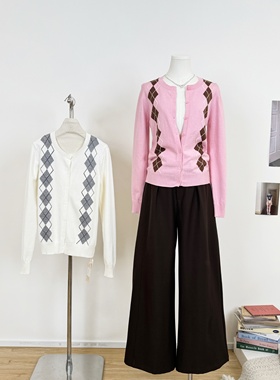 M.Y原创设计 菱形格莱赛尔绵羊毛亲肤柔软保暖针织毛衣开衫上衣女