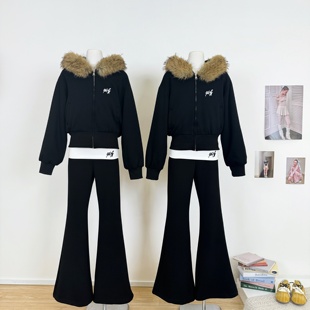 翻边加绒微喇裤 秋冬 毛领卫衣外套女2025新款 M.Y原创设计