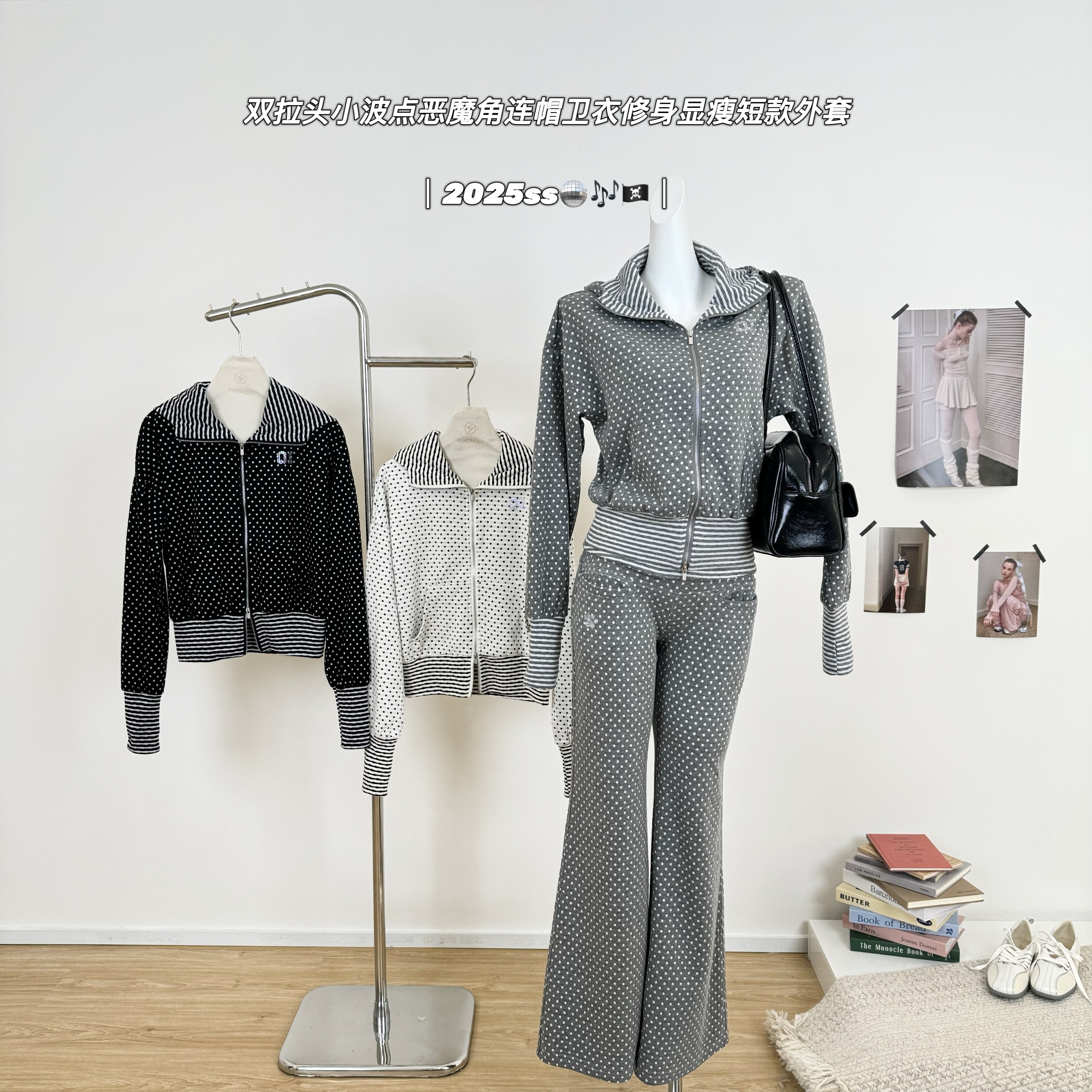 M.Y原创设计 双拉头小波点恶魔角连帽卫衣女修身显瘦短款外套