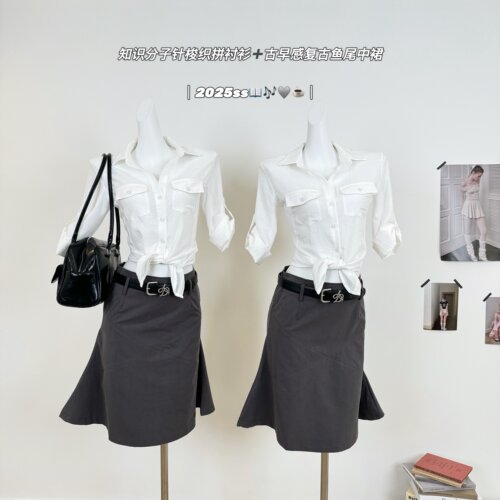 M.Y原创 知识分子针梭织拼衬衫微透收腰上衣高知感显瘦通勤衬衣