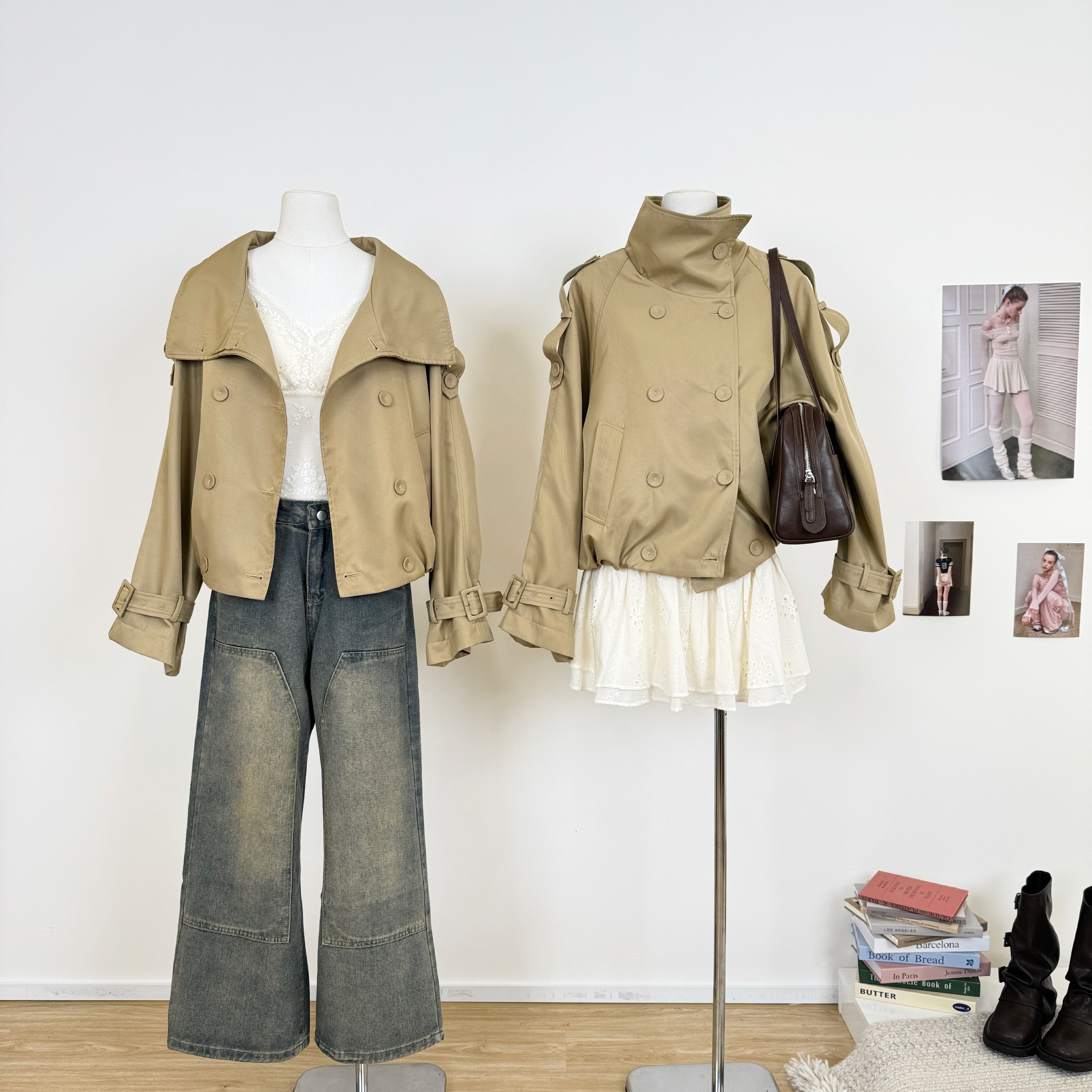 M.Y原创 莱赛尔棉双排扣大廓形短款风衣外套夹克秋季穿搭立领大衣