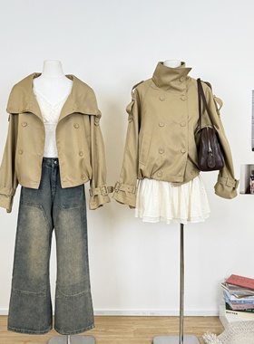 M.Y原创 莱赛尔棉双排扣大廓形短款风衣外套夹克秋季穿搭立领大衣