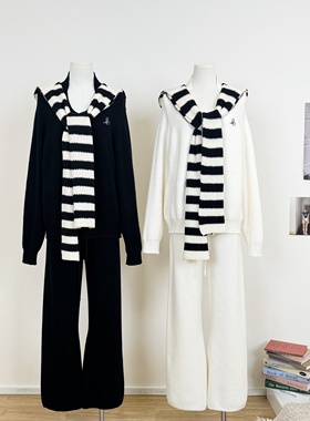 M.Y原创 休闲宽松针织毛衣套装女韩系撞色披肩秋季微喇长裤两件套
