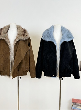 M.Y原创设计 冬季夹棉保暖外套女毛领厚款短款夹克翻领上衣