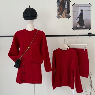 女 欧货圆领菱格麻花毛衣侧扣短裙羊毛气质套装 欧洲站2025冬季 新款