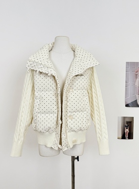 M.Y原创设计 波点针织拼接长袖羽绒服50白鸭绒面包服短款外套女