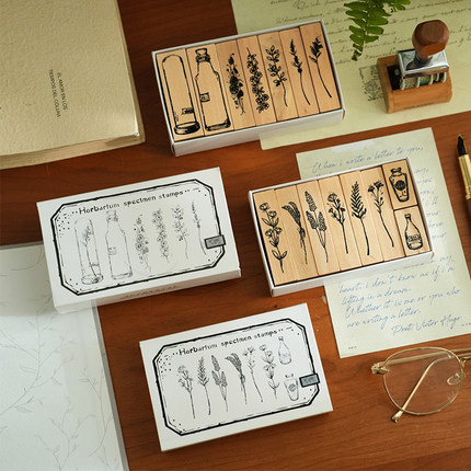 小日子不翻篇 复古植物花瓶印章套装 手帐diy木质橡胶印台配件素