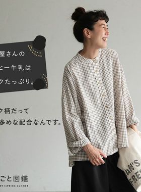 日单2025夏秋新品棉麻水洗小方格圆领宽松百搭长袖衬衫衬衣 BEAMS