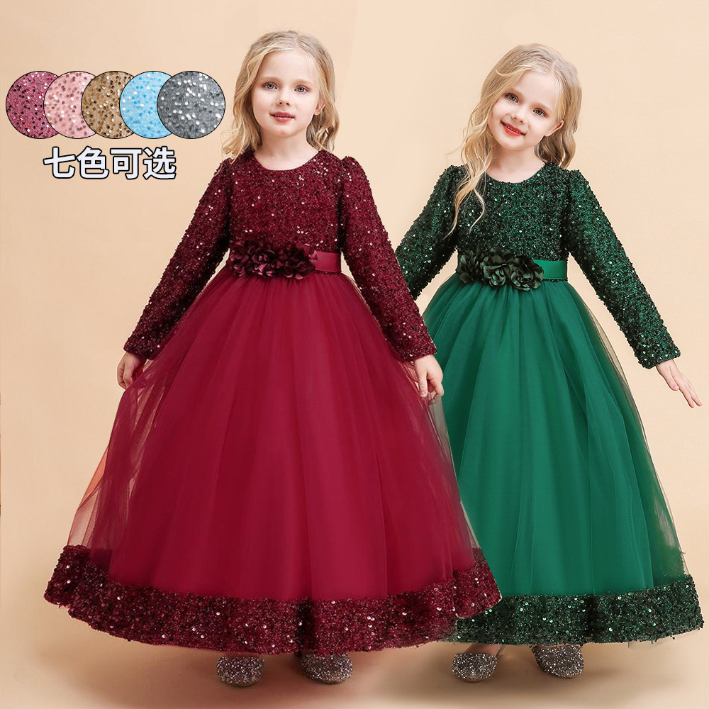 2024女童礼服亮片长裙中大童长袖连衣裙儿童主持人走秀表演晚礼服