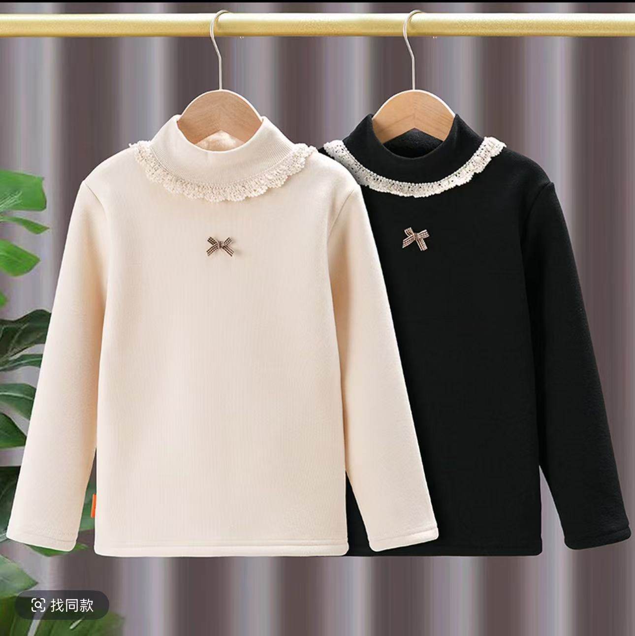 女童女宝加绒打底衫秋冬装新款韩版花边领上衣儿童半高领长袖T恤