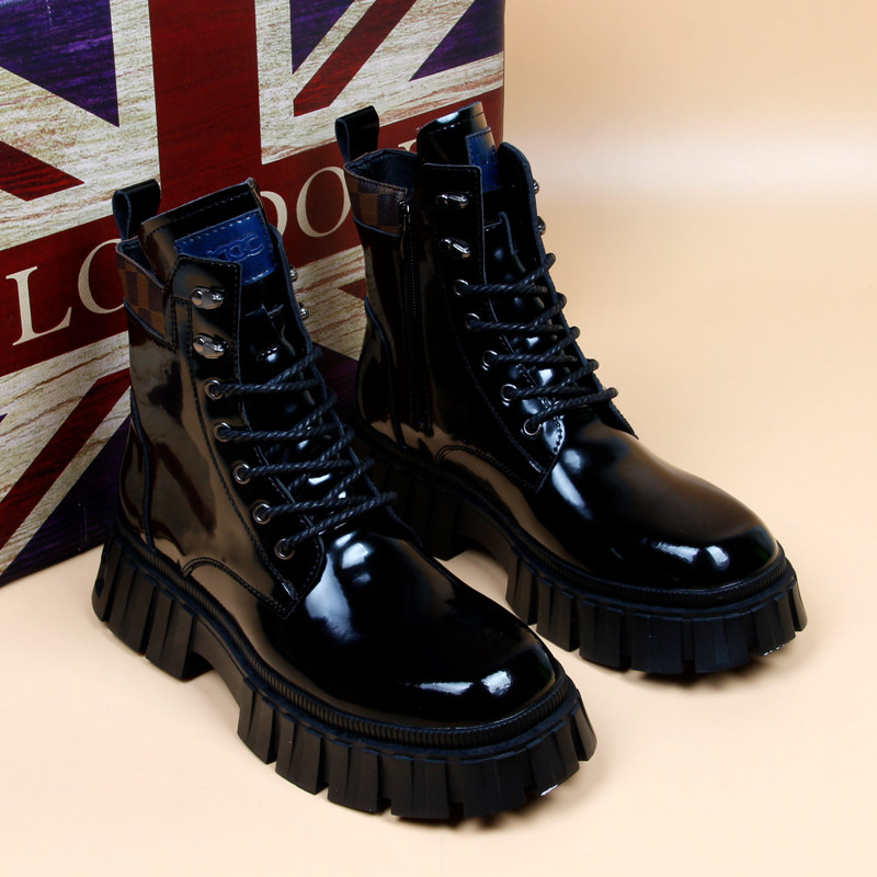 TRENDY BRAND BRITISH STYLE SHINY LEATHER MARTIN BOOTS MENS AUTUMN BREATHABLE THICK SOLE HEIGHTENED CASUAL HIGH-TOP LEATHER BOOTS SHORT CARGO BOOTS