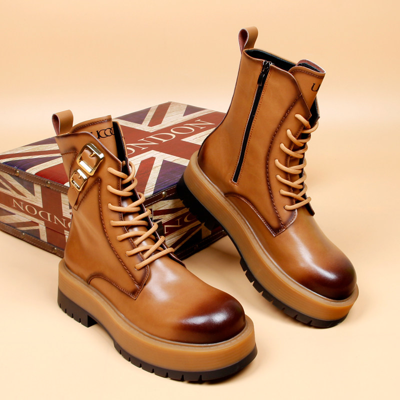 EUROPEAN STATION THICK-SOLED HEIGHTENED LACE-UP MARTIN BOOTS MENS AUTUMN BREATHABLE TIDE MENS MID-RISE LEATHER BOOTS CASUAL AND VERSATILE SHORT BOOTS