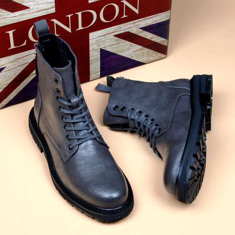 真皮马丁靴男韩版灰色增高短靴英伦加绒中帮拉链工装靴机车皮靴子