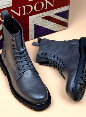 真皮马丁靴男韩版灰色增高短靴英伦加绒中帮拉链工装靴机车皮靴子