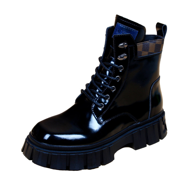 TRENDY BRAND BRITISH STYLE SHINY LEATHER MARTIN BOOTS MENS AUTUMN BREATHABLE THICK SOLE HEIGHTENED CASUAL HIGH-TOP LEATHER BOOTS SHORT CARGO BOOTS
