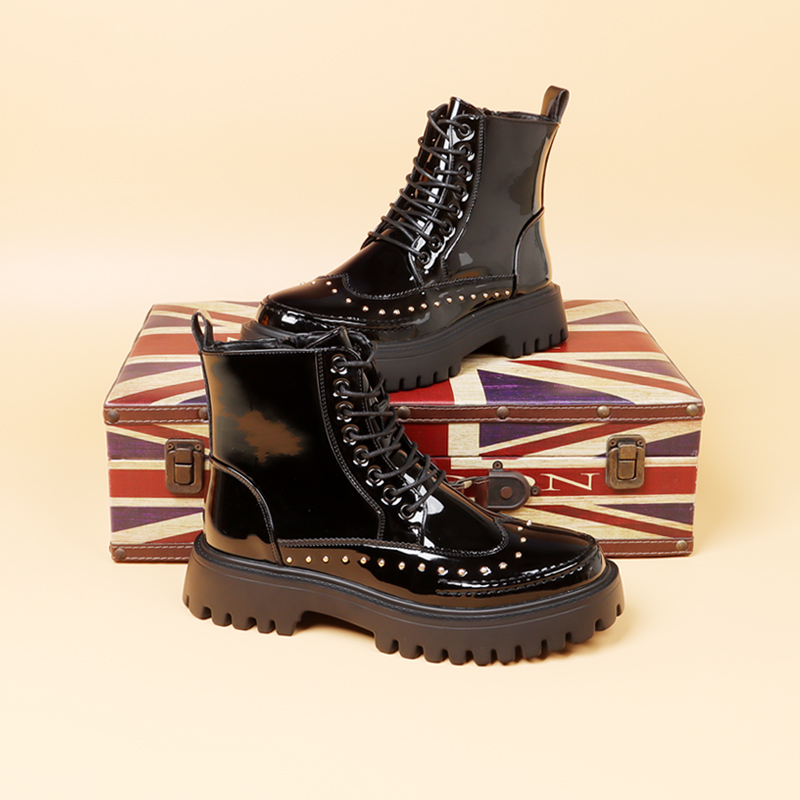 新款男士漆皮马丁靴系带短靴高帮皮鞋亮皮靴子增高铆钉机车靴潮鞋