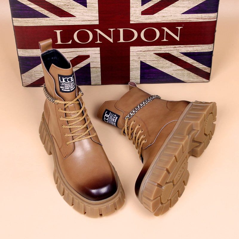 EUROPEAN STATION BRITISH STYLE HIGH-TOP MARTIN BOOTS MENS AUTUMN BREATHABLE PLATFORM SOLE HEIGHTENED LEATHER SHOES SHORT BOOTIES HIGH-TOP BOOTS