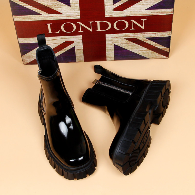 TRENDY BRAND BRITISH STYLE THICK-SOLED HEIGHTENED CHELSEA BOOTSMENS AUTUMN MID-RISE LEATHER BOOTS PATENT LEATHER MARTIN BOOTS BOOTS COWBOY BOOTS