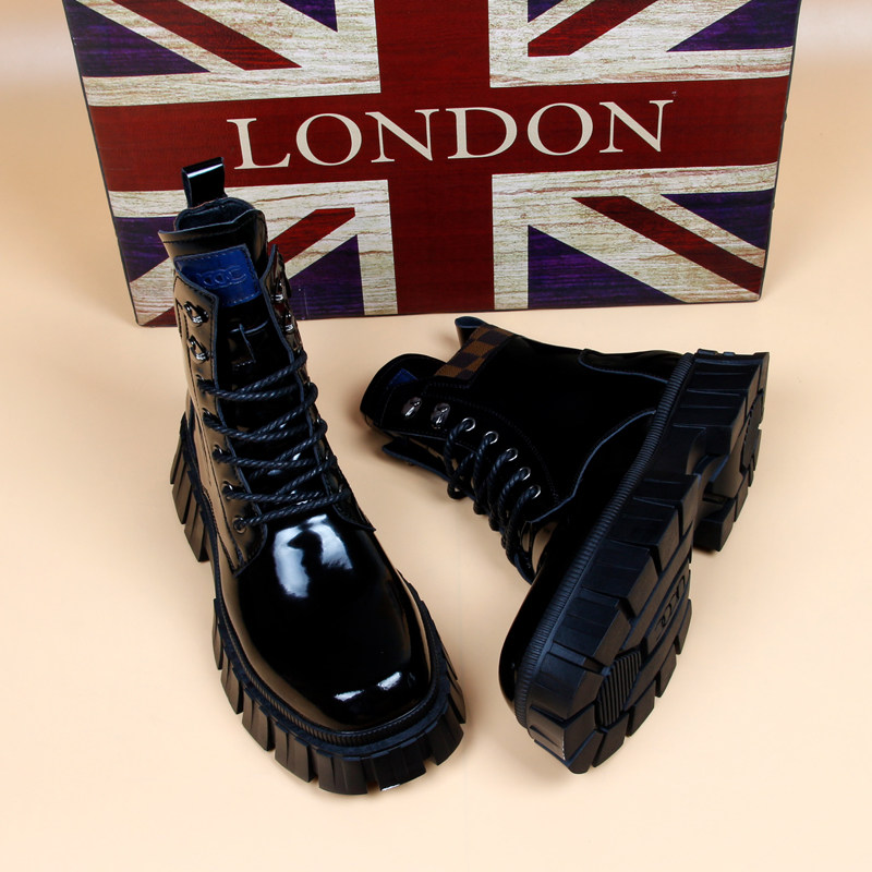 TRENDY BRAND BRITISH STYLE SHINY LEATHER MARTIN BOOTS MENS AUTUMN BREATHABLE THICK SOLE HEIGHTENED CASUAL HIGH-TOP LEATHER BOOTS SHORT CARGO BOOTS