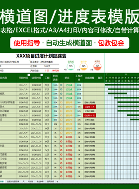 横道图【自动生成】模版 WPS/excel版 施工进度计划表 1对1指导