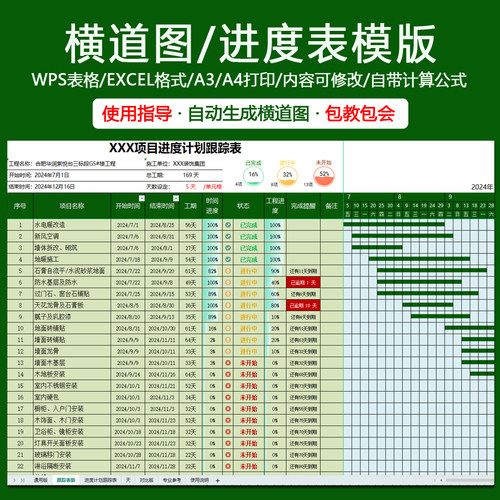 横道图【自动生成】模版 WPS/excel版 施工进度计划表 1对1指导