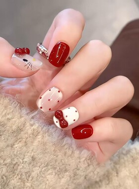 手工穿戴甲红色Kitty猫2025新款婚甲短款豆豆甲可爱显白猫眼美甲