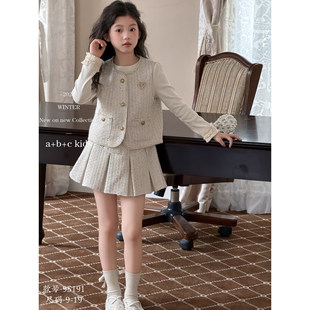 【早春！小香风】女童春季时髦加厚打底衫马甲百褶裙套装年货款