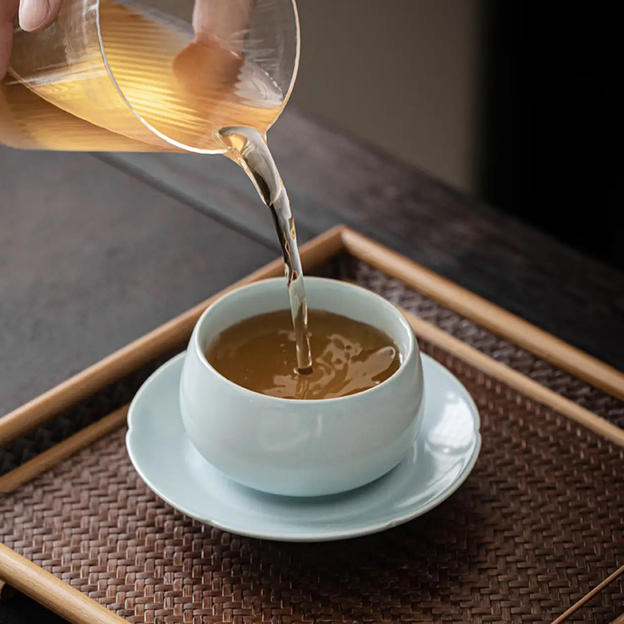 汝山明中法松园茶叙国礼 天青茶叙杯盏托套装礼盒高档主人杯礼品