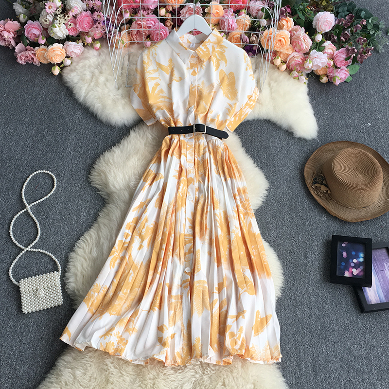 17104#水墨画印花连衣裙女夏季新款修身显瘦百褶衬衫裙气质中长裙