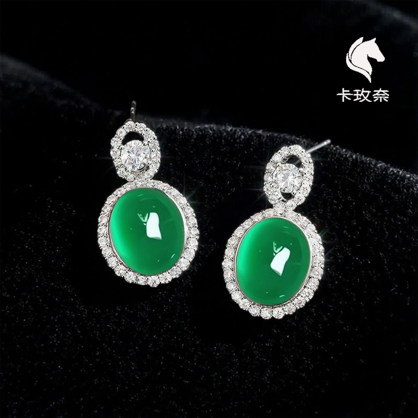 卡玫奈玉髓925银针锆石耳环复古