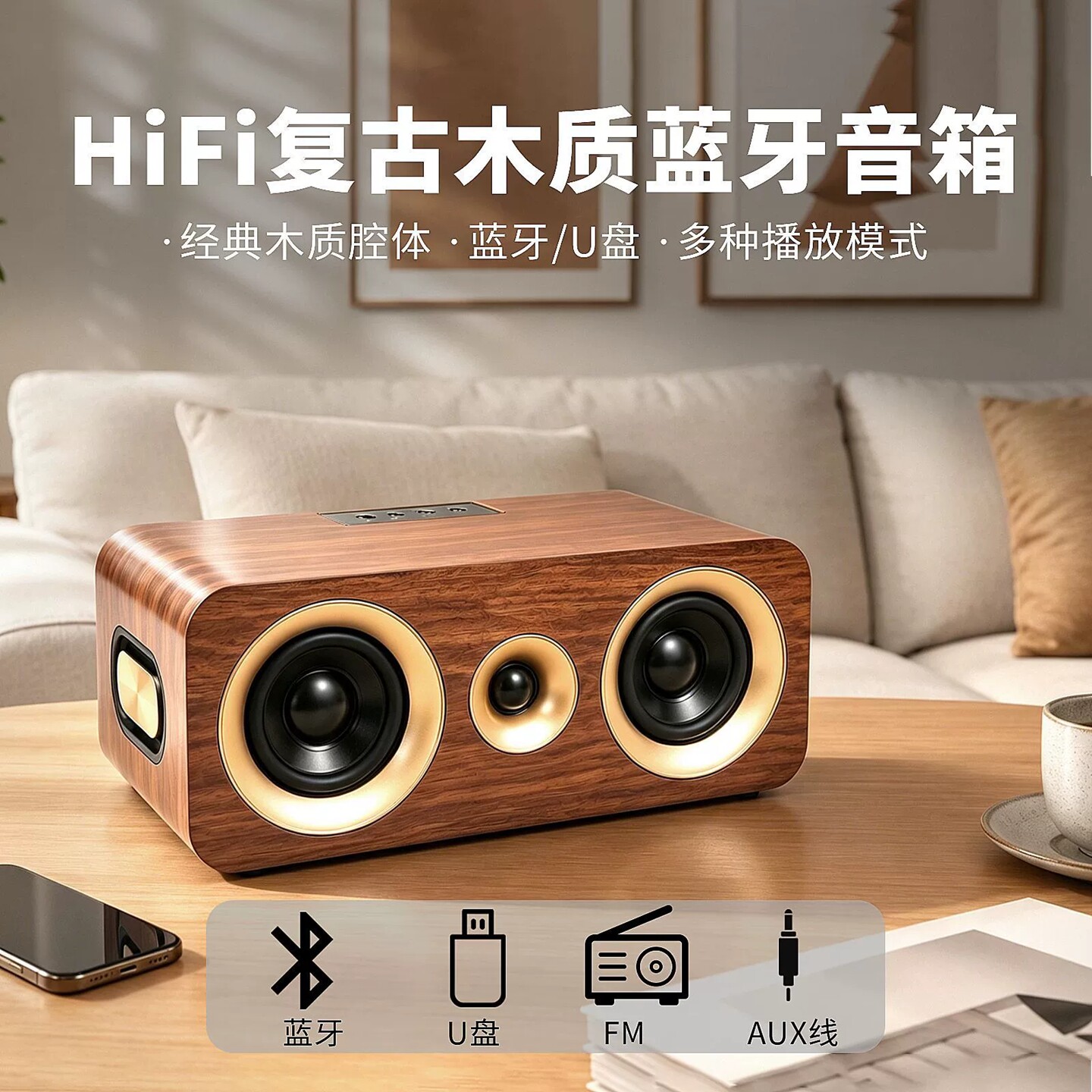 木质蓝牙音箱手机电脑蓝牙5.4木质家居无线音响户外低音炮TWS音箱