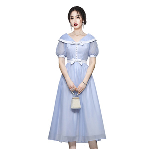 RM9925#新款气质甜美短袖收腰显瘦天蓝色连衣裙纱裙长裙